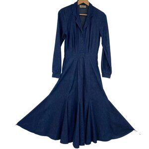 Vintage Denim‎ Midi Dress Huge 100" Flare Sweep Size Small Pockets Boho Peasant